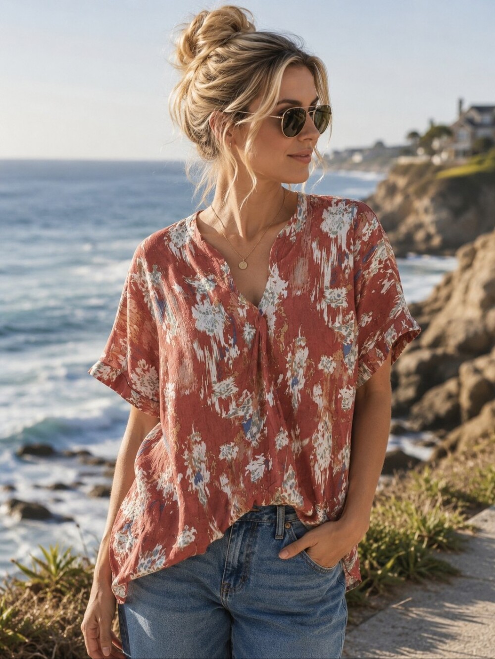 JODIFL NWT Rust Floral V-Neck Short Sleeve Blouse